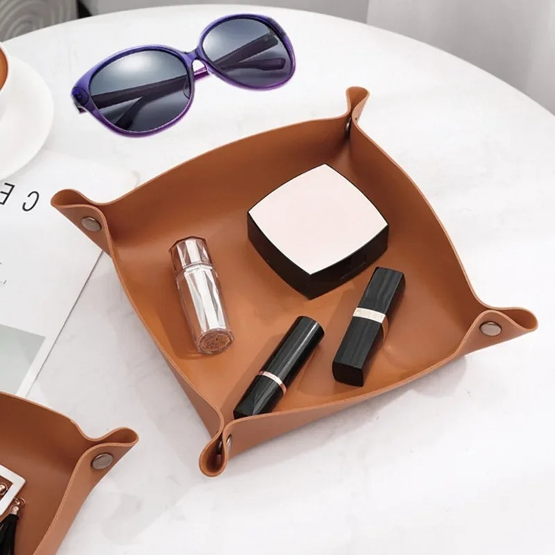 Valet Tray Nightstand Organizer Leather - 1/2PCS 25x25CM Valet Tray Foldable Catchall